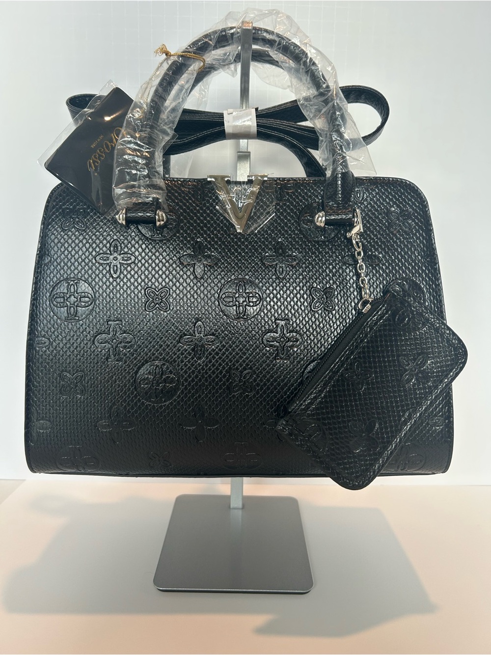 Crossi Like Dreams Elegant Black Embossed Satchel with Detachable Pouch